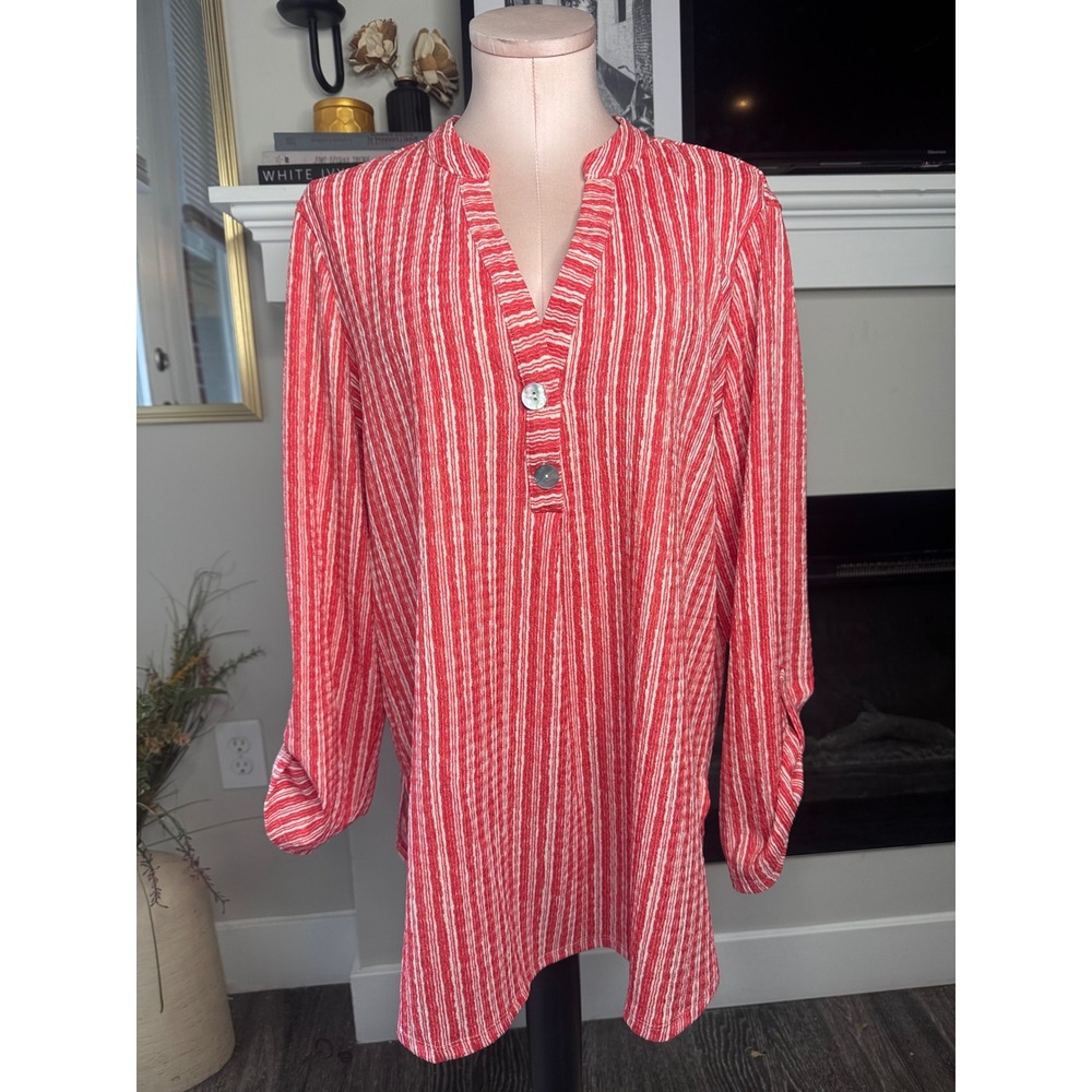Ruby Rd Womens Striped Tunic Top Banded Collar Roll Tab Sleeves